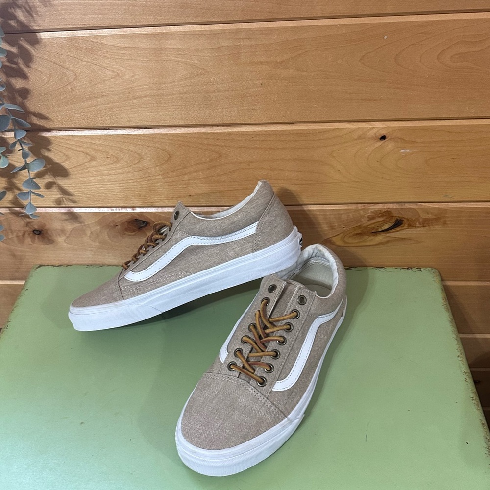 Old School Vans Women's Sz 10 Men’s Sz 8.5 Beige Canvas Leather Laced Sneakers - Picture 8 of 9